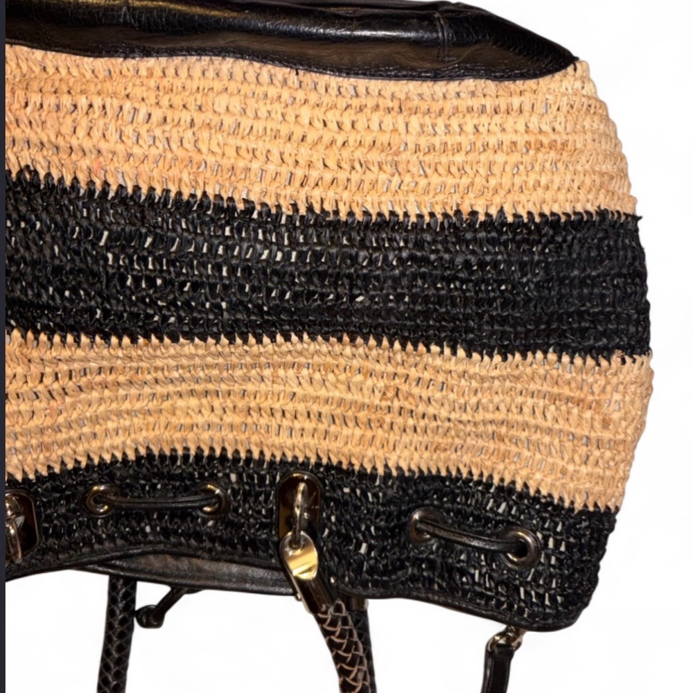 Rebecca Minkoff Straw Leather Satchel Black Tan Summer bag - Picture 5 of 7